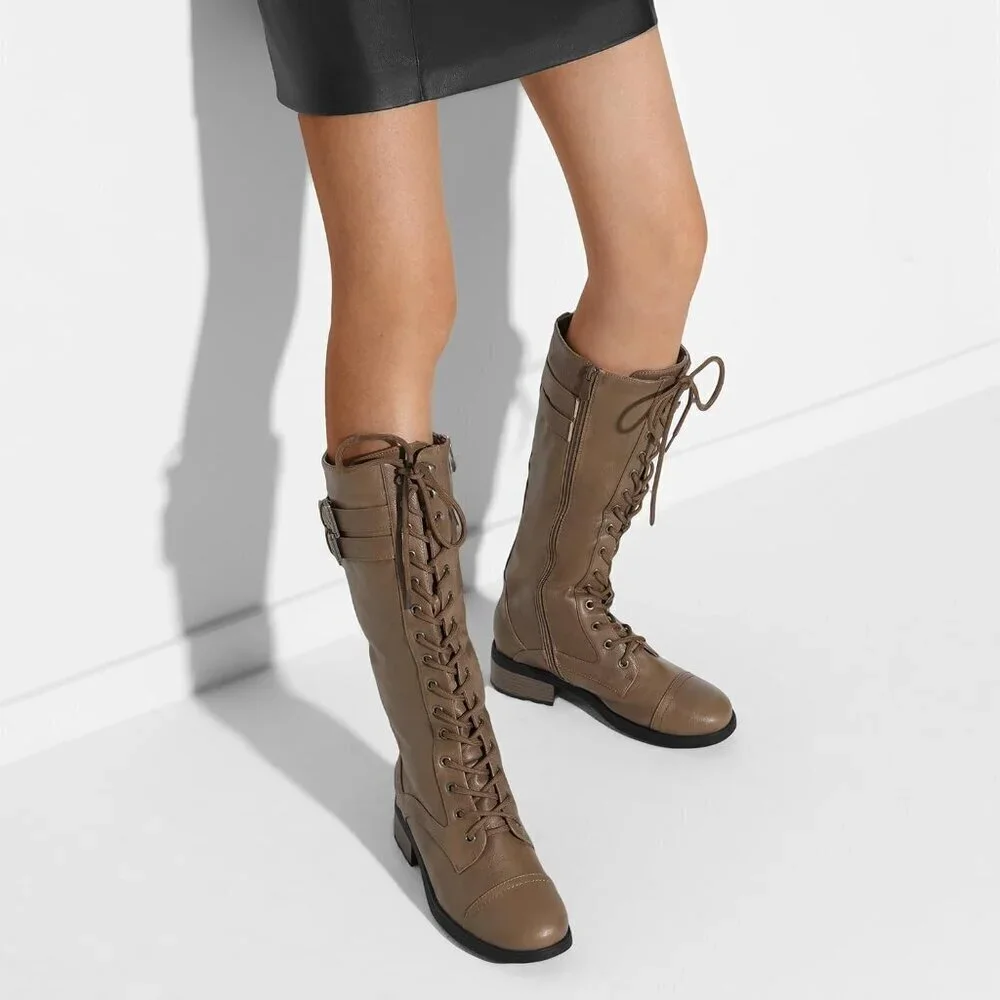 🆕Women Polyurethane Pu Georgia-Khaki Double buckle Knee High Riding Combat Boot